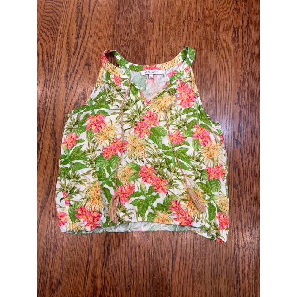 Rose + Olive Tropical Floral Tassel Blouson Top Pink Green Small